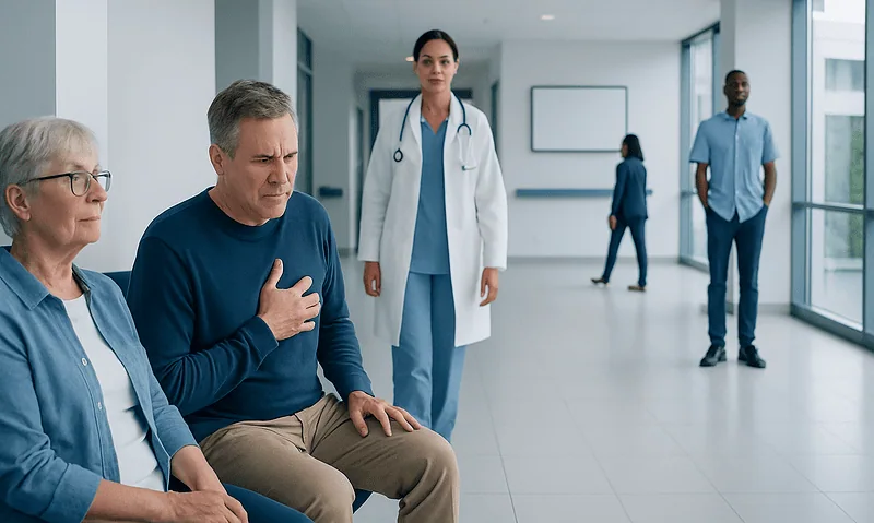 Signs of minor heart blockage: A Complete Medical Guide for Patients 15 Patient experiencing chest pain in hospital corridor with medical staff nearby.