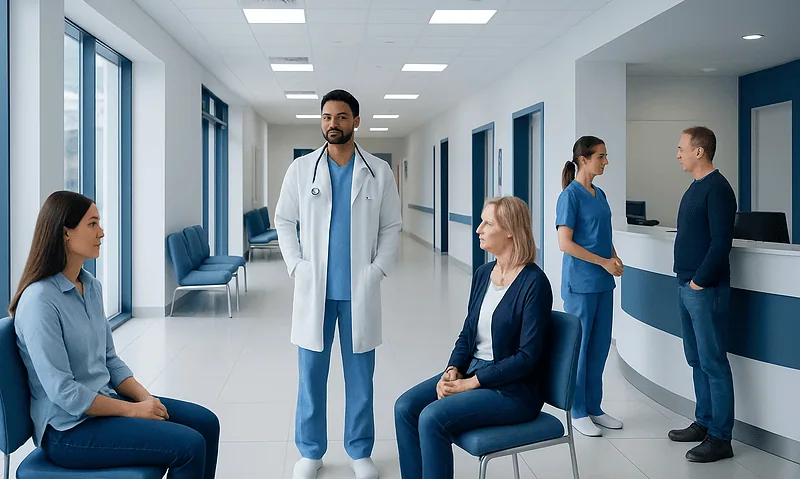 Medical consultation at Acibadem Hospital with doctor and patients in a modern clinic.
