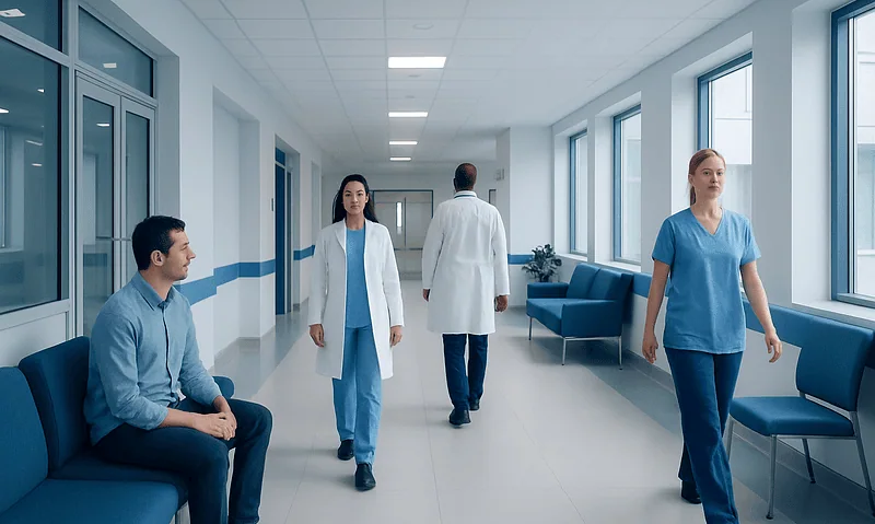 Medical staff and patient in hospital corridor at Acibadem Hospitals Group.