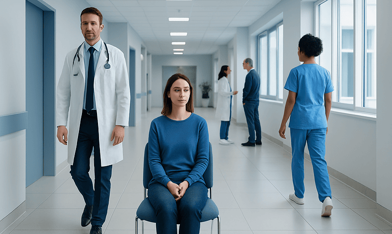 Patient waiting in hospital corridor with medical staff and nurses nearby.