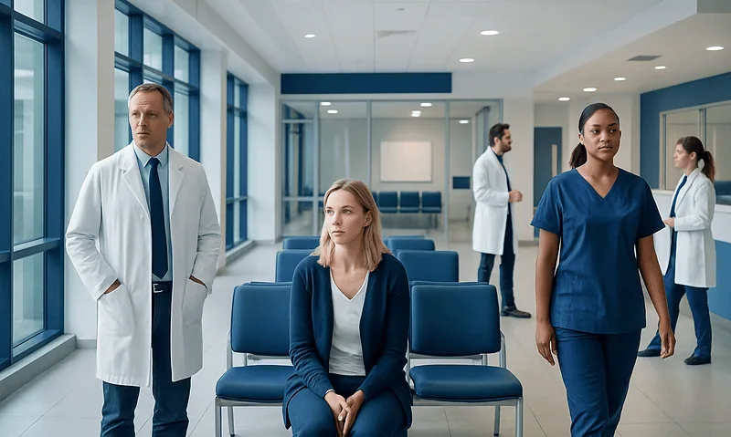 Medical professionals and patient in a hospital waiting area.