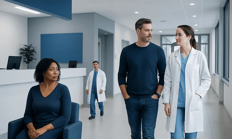 Medical professionals and patient in a hospital corridor at Acibadem Hospitals Group.