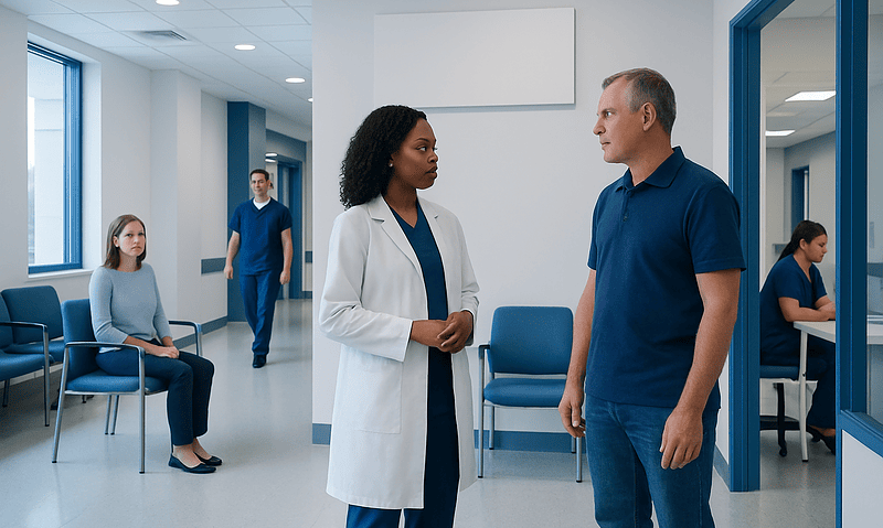Doctor consulting patient in hospital corridor with waiting area.