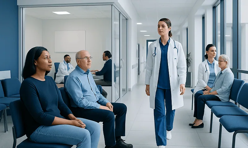 Healthcare professionals and patients in a modern hospital waiting area.