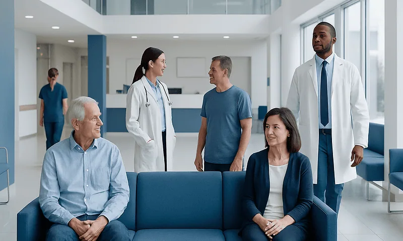 Diverse group of patients and medical staff in hospital lobby.