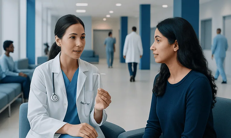 Doctor consulting with a patient in a hospital corridor.