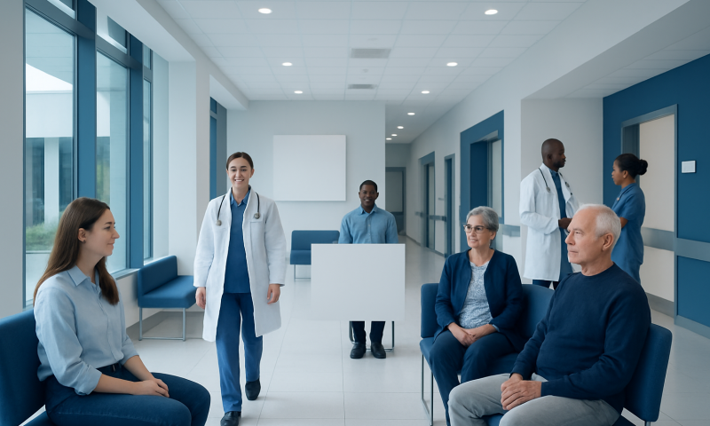 Medical consultation in a modern hospital waiting area with healthcare professionals and patients.