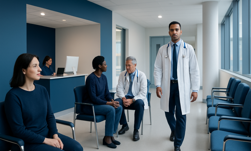 Medical consultation in a hospital waiting area with doctor and patients.