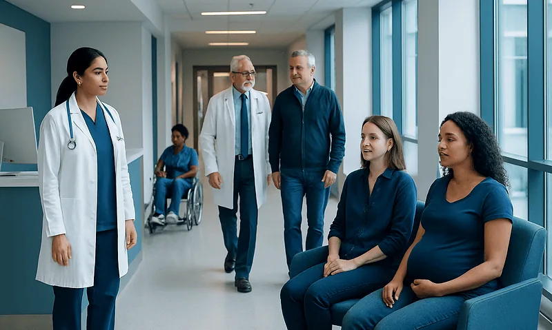 Medical team consulting with patients in hospital corridor at Acibadem Hospitals Group.