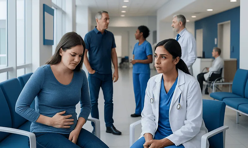 Patient experiencing abdominal pain in hospital waiting area.