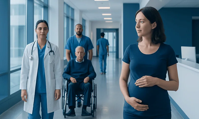 Healthcare professionals and patient in hospital corridor at Acibadem Hospitals Group.