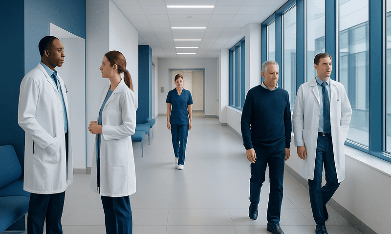 Medical professionals and staff walking in a modern hospital corridor.