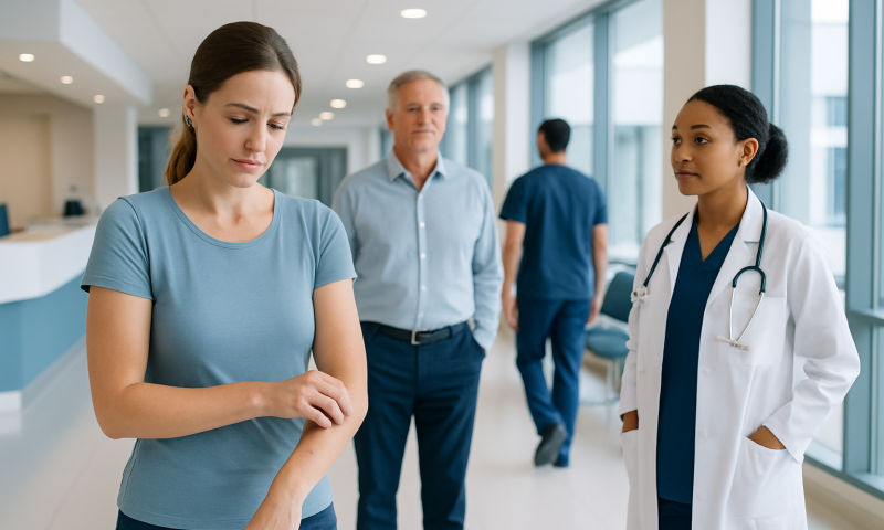 Patient consulting with a doctor in a hospital corridor.