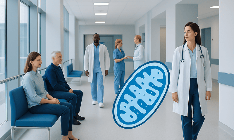 Medical team and patients in hospital corridor with mitochondria illustration.