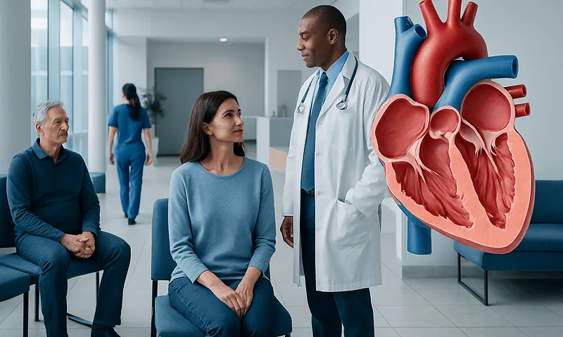 Cardiologist consulting with patient in hospital setting with heart model.