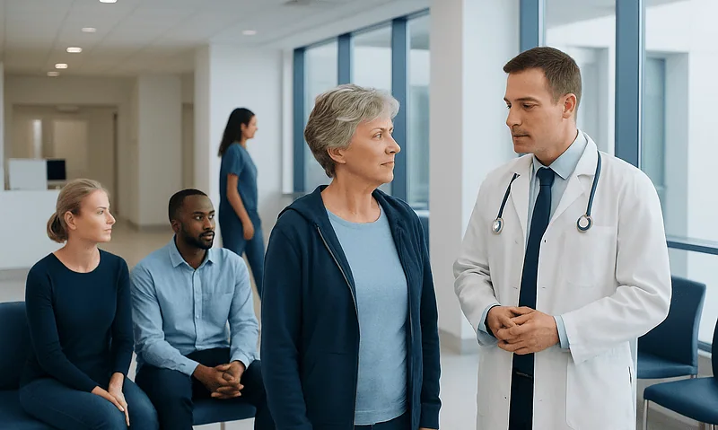 Doctor consulting with a senior female patient in hospital corridor.