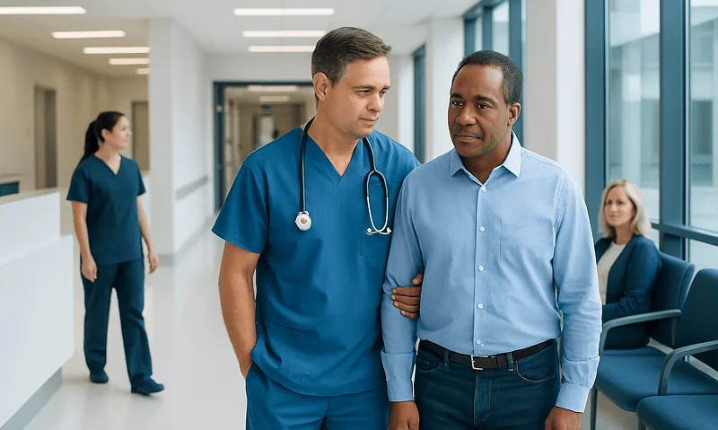 Doctor supporting patient in hospital corridor at Acibadem Hospitals Group.