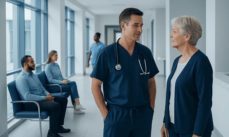Doctor consulting with elderly patient in hospital corridor.