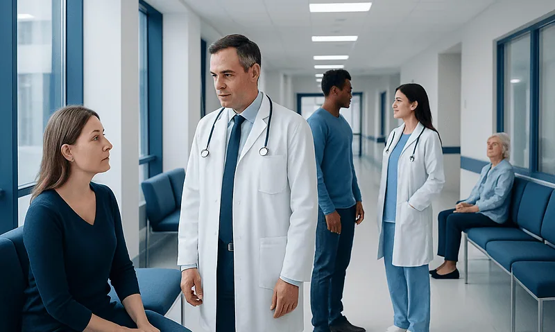 Doctor consulting a patient in a hospital corridor with other medical staff and patient in the背景.