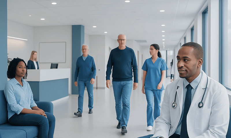 Medical team in hospital corridor with doctor and patients.