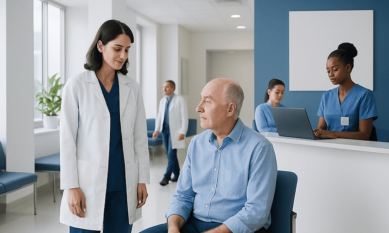 Doctor consulting with elderly patient in hospital corridor.