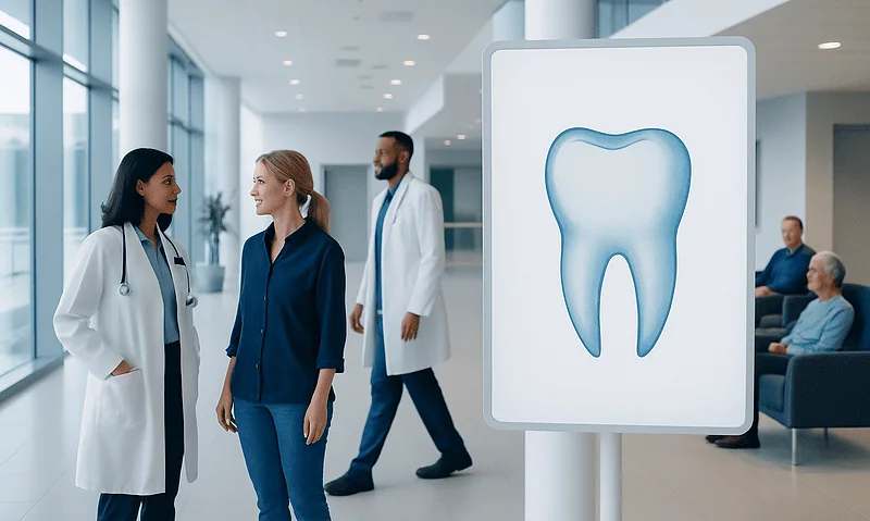 Dental professionals discussing patient care in a modern clinic.