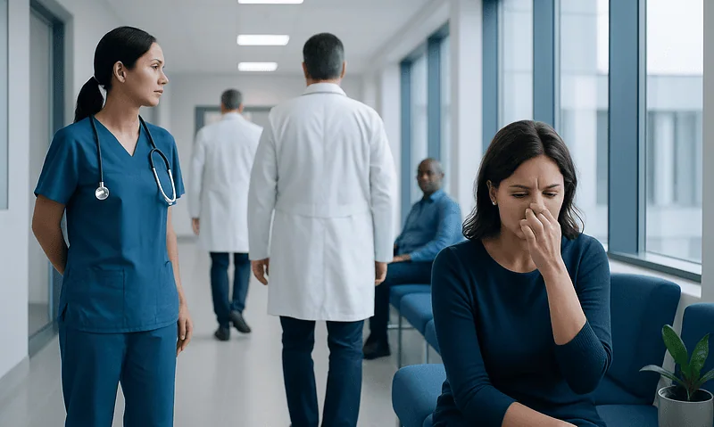 Patient experiencing symptoms in a hospital corridor with medical staff nearby.