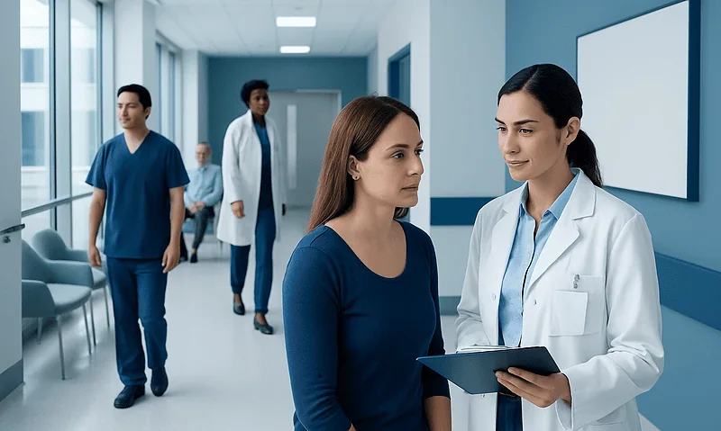 Medical consultation in a hospital corridor with healthcare professionals and patient.