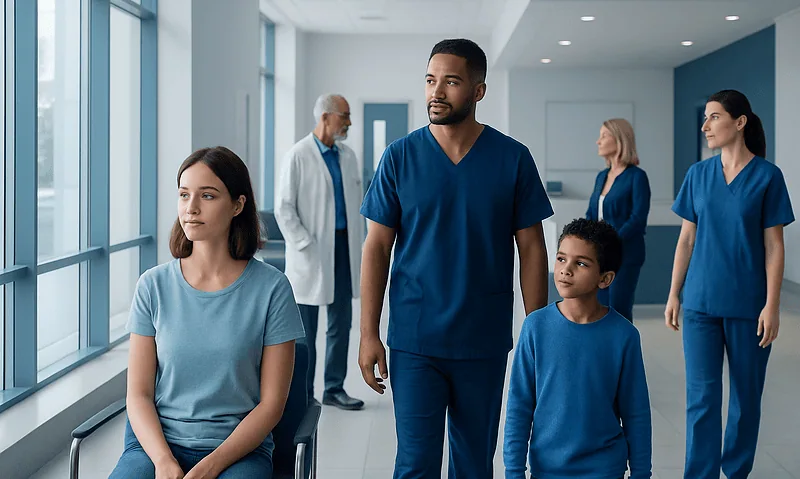 Diverse medical team in hospital corridor with patients and staff.
