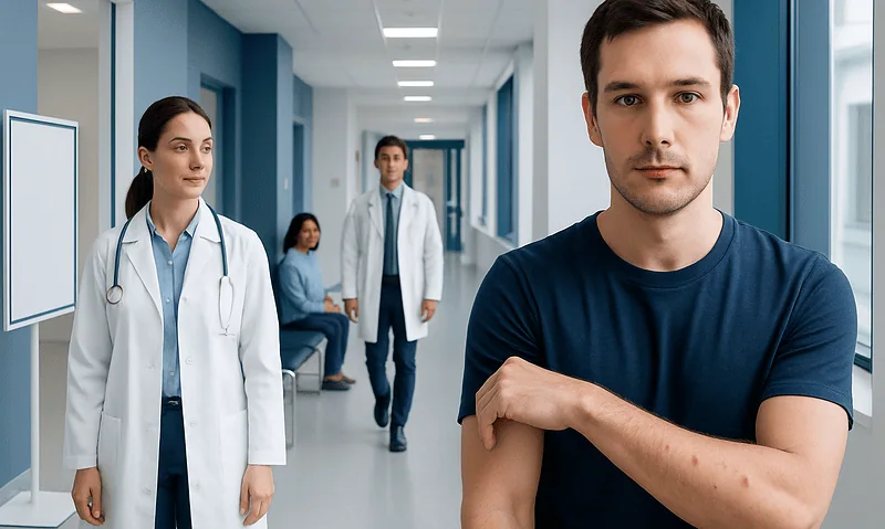 Young man with arm rash in hospital corridor with doctors in background.