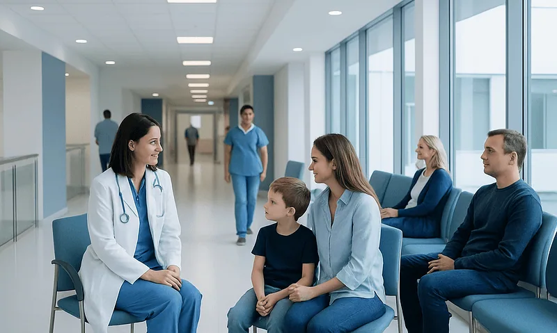 Hospital waiting area with medical staff and patients at Acibadem Hospitals Group.