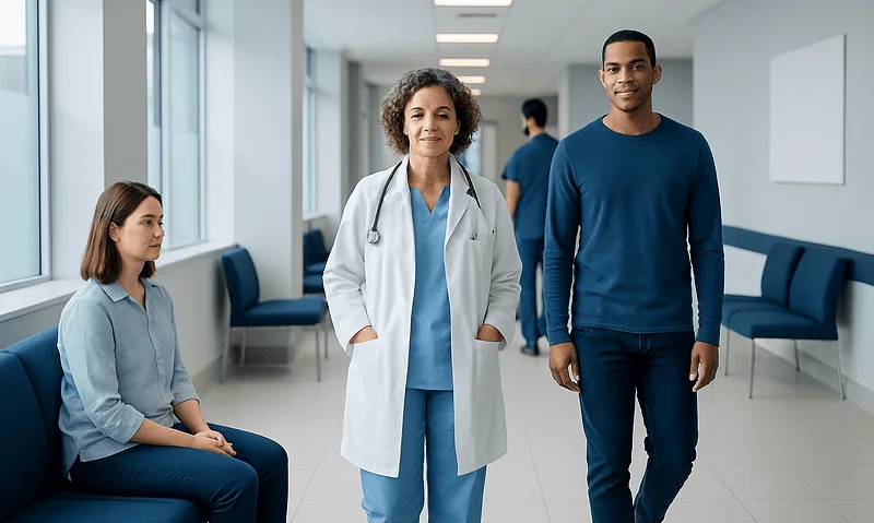 Medical staff and patient in hospital corridor at Acibadem Hospitals Group.