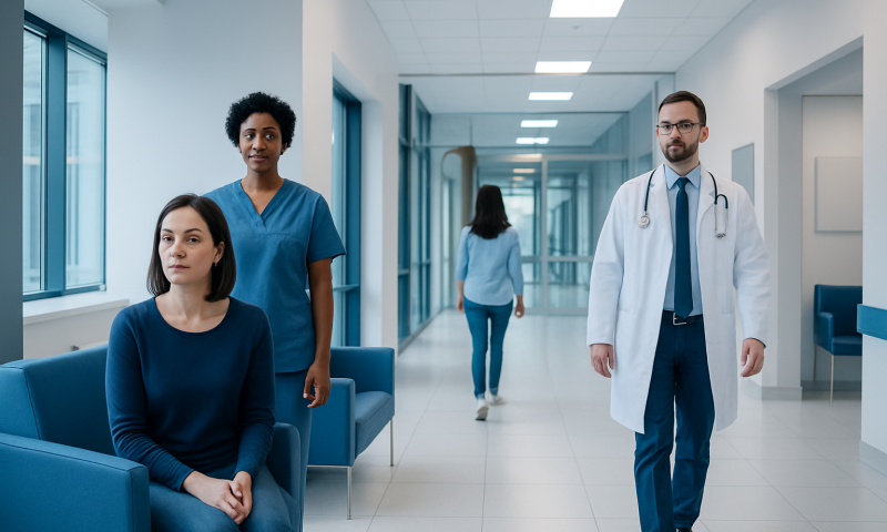 Healthcare professionals and patient in a modern hospital corridor.