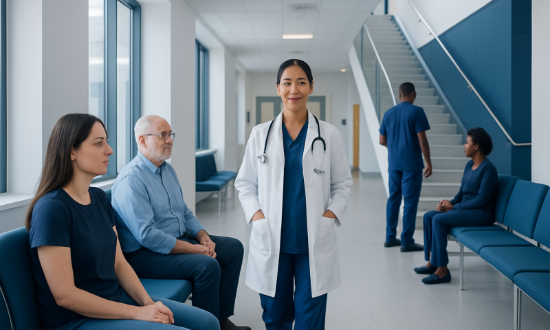 Medical professionals and patients in a hospital waiting area at Acibadem Hospitals Group.