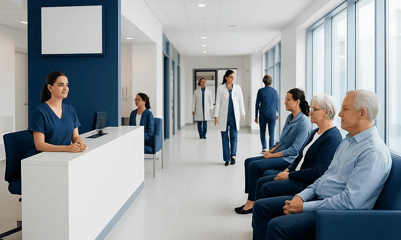 Modern hospital waiting area with patients and staff at Acibadem Hospitals Group.