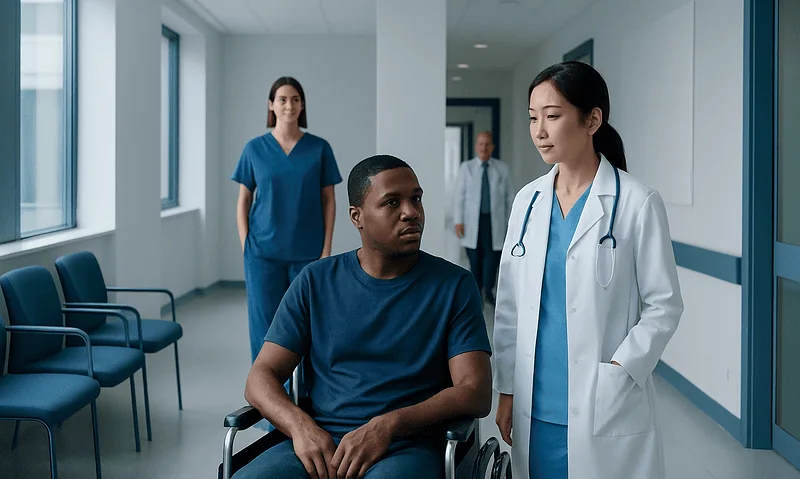 Medical team consulting with a patient in a hospital corridor.