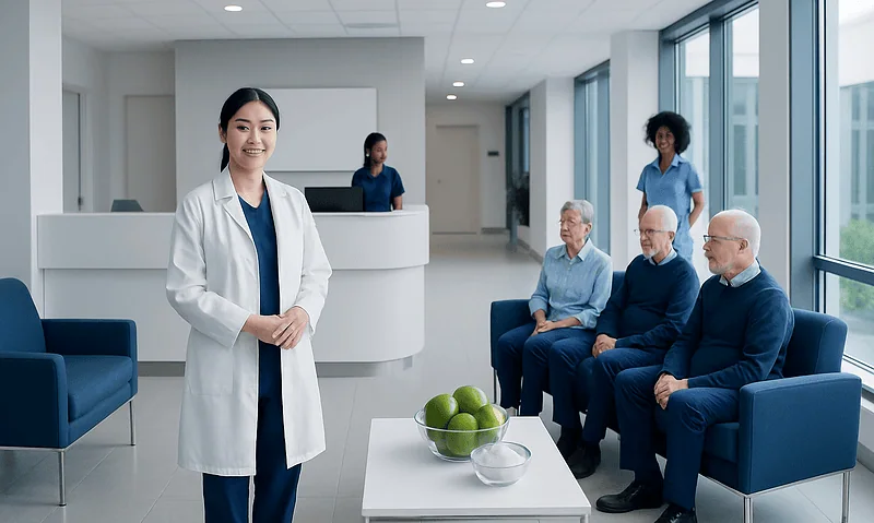 Healthcare professional with elderly patients in a modern hospital waiting area.