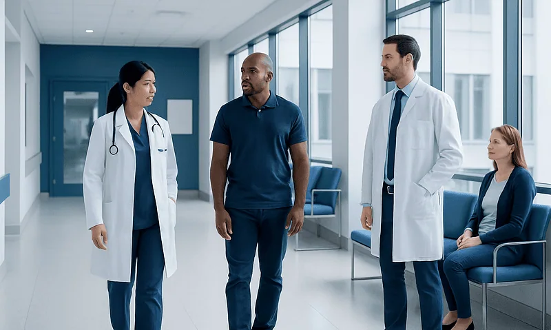 Medical team discussing patient care in hospital corridor.
