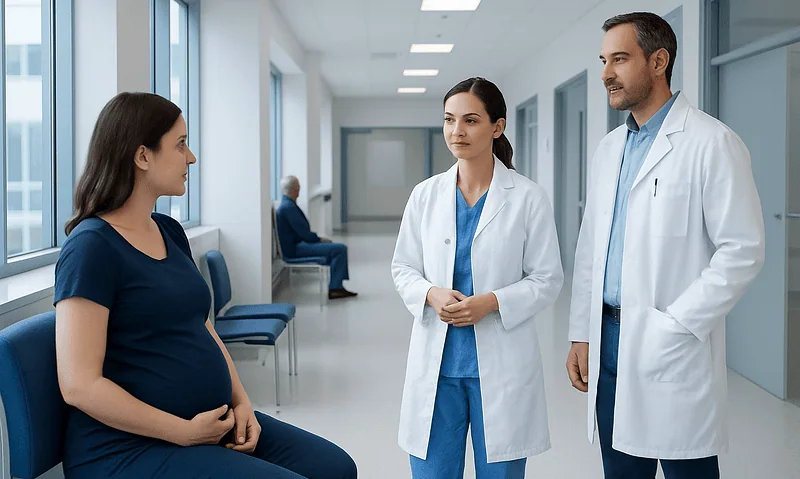 Pregnant woman consulting with doctors in hospital corridor.