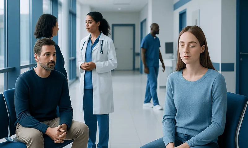 Patients waiting in a hospital corridor with medical staff nearby.