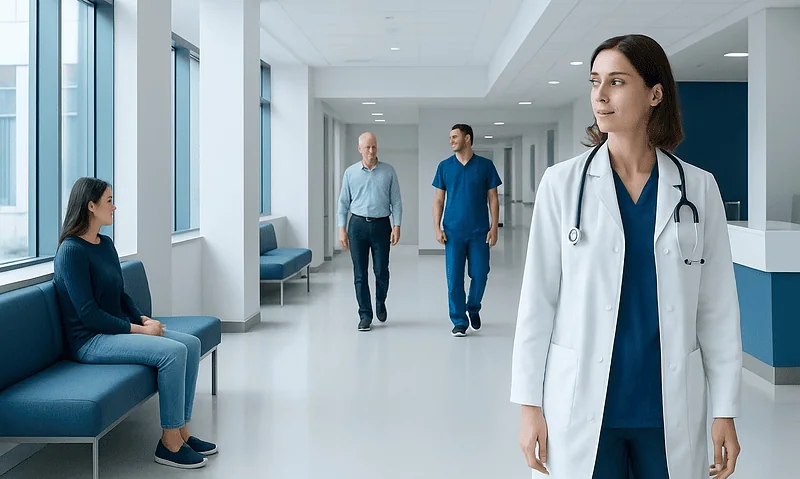Healthcare professionals and patient in a modern hospital corridor.