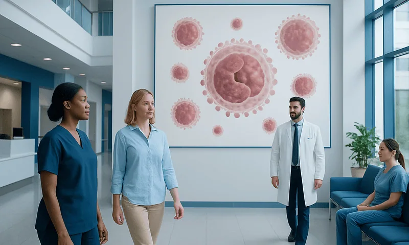 Medical team discussing monocytes in a hospital setting with a large cell diagram.