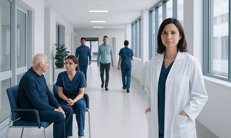 Medical professionals and patients in a hospital corridor at Acibadem Hospitals Group.