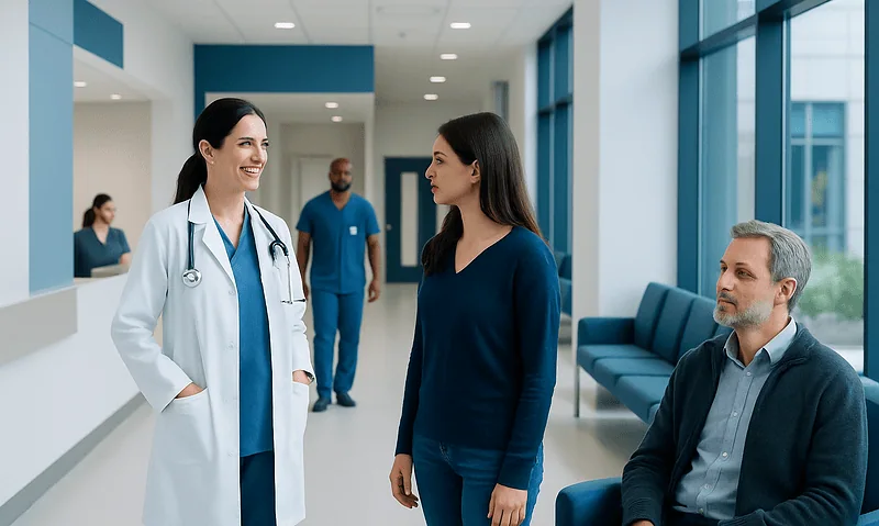 Healthcare professionals and patient in a modern hospital corridor.