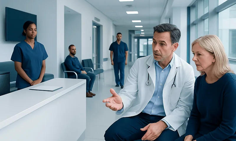 Doctor consulting with a patient in a hospital corridor.