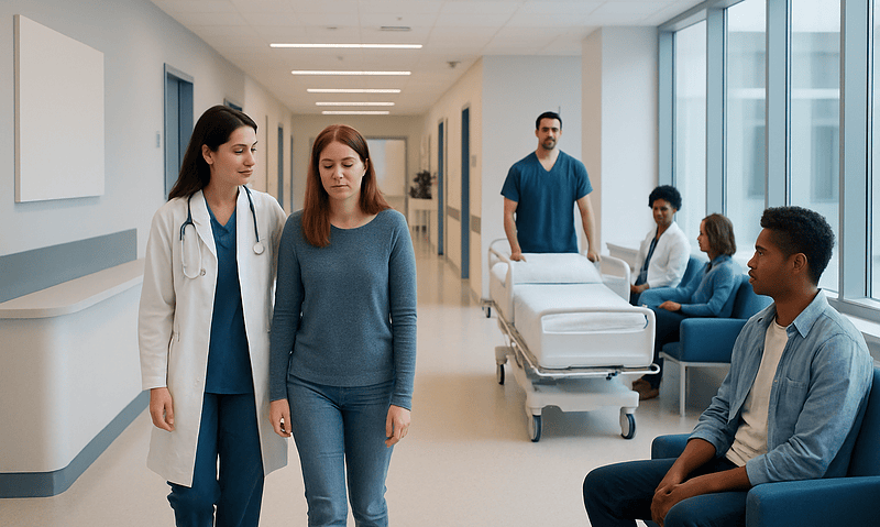Patient walking in hospital corridor with medical staff and other patients present.
