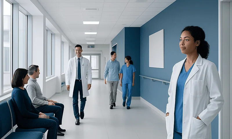Healthcare professionals and patients in a modern hospital corridor.