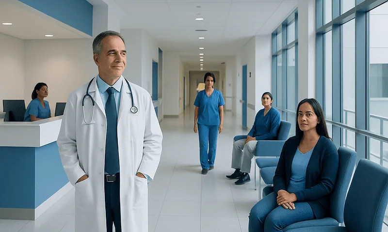 Healthcare professionals in a modern hospital corridor at Acibadem Hospitals Group.