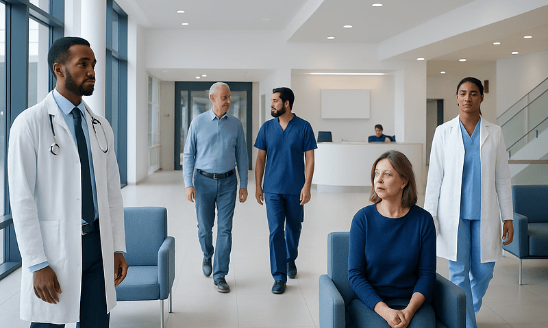Patients and medical staff in a modern hospital lobby.
