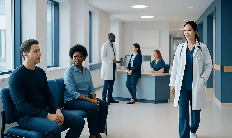 Medical professionals and patients in a modern hospital corridor.
